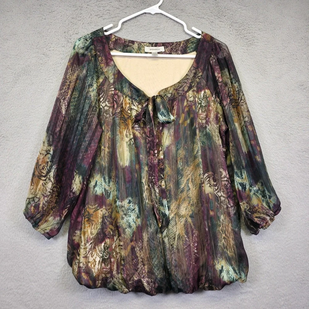 Y2K Dressbarn Top Women 14/16 Tie Satin Mixed Media Pisley Boho Bubble Hem Fairy